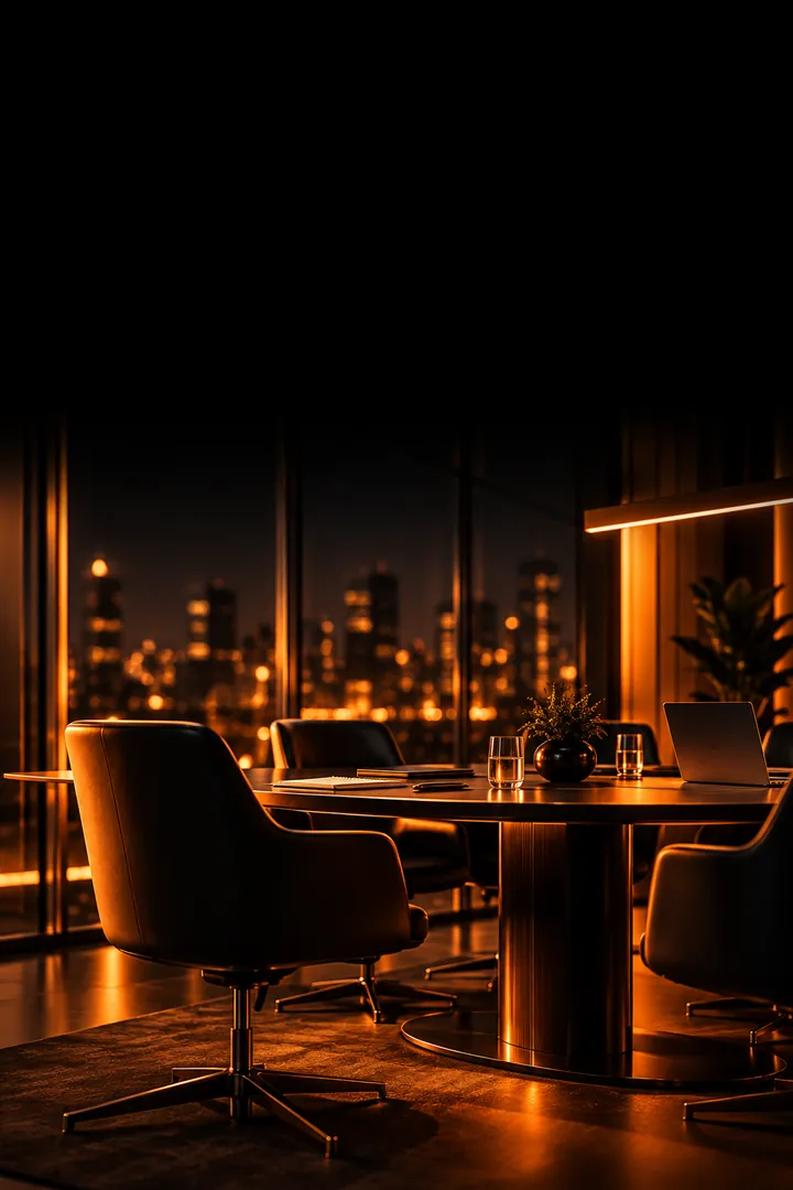 A meeting room at night above a lit city