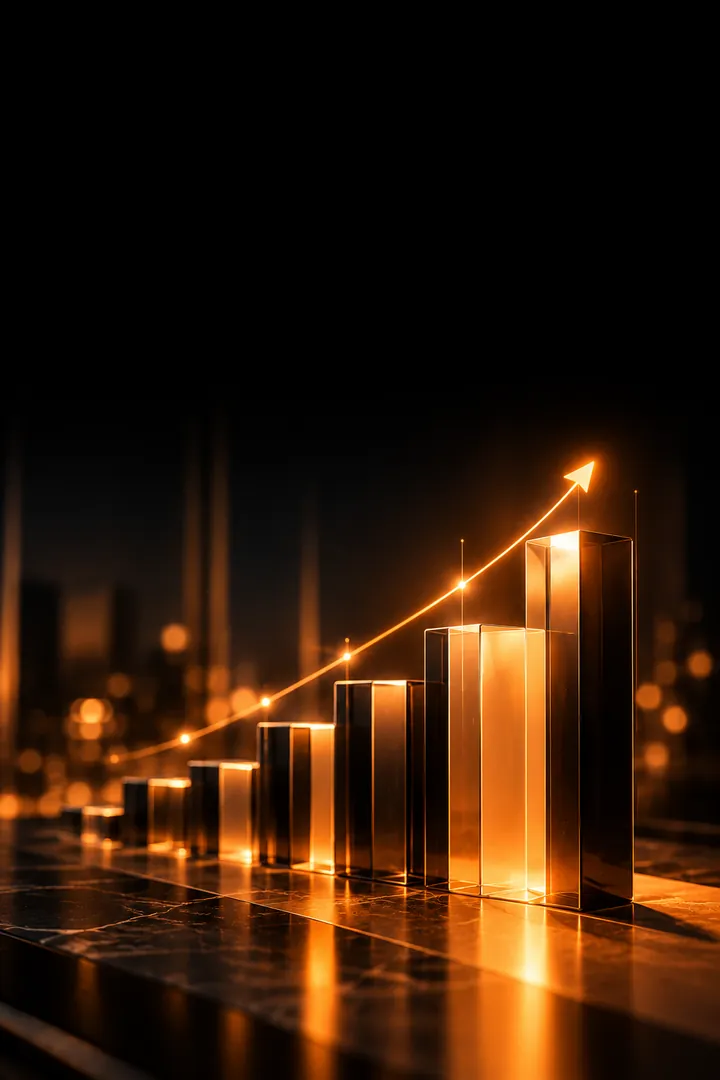 A rising bar chart under a climbing arrow